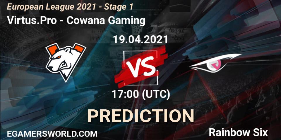 Prognose für das Spiel Virtus.Pro VS Cowana Gaming. 19.04.2021 at 17:15. Rainbow Six - European League 2021 - Stage 1