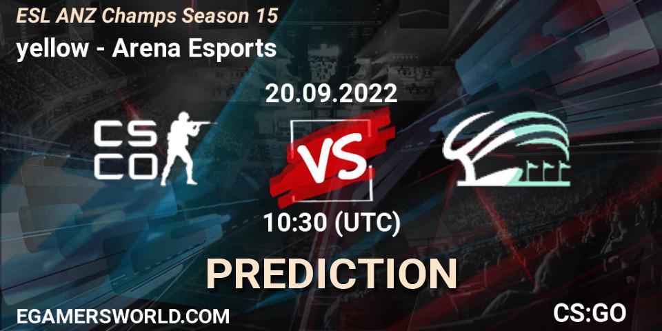 Prognose für das Spiel yellow VS Arena Esports. 20.09.2022 at 10:30. Counter-Strike (CS2) - ESL ANZ Champs Season 15
