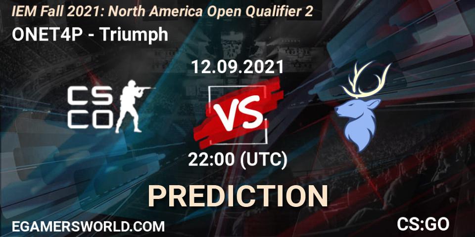 Prognose für das Spiel ONET4P VS Triumph. 12.09.2021 at 22:00. Counter-Strike (CS2) - IEM Fall 2021: North America Open Qualifier 2