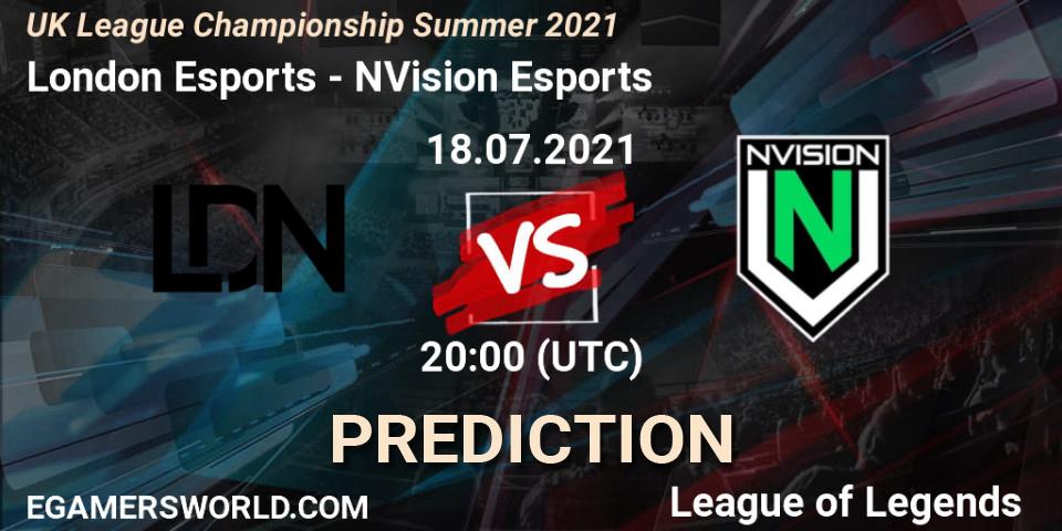 Prognose für das Spiel London Esports VS NVision Esports. 18.07.2021 at 20:00. LoL - UK League Championship Summer 2021