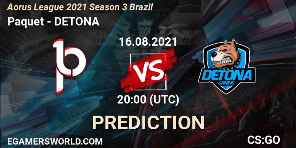 Prognose für das Spiel Paquetá VS DETONA. 16.08.2021 at 20:10. Counter-Strike (CS2) - Aorus League 2021 Season 3 Brazil