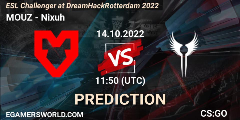 Prognose für das Spiel MOUZ VS Nixuh. 14.10.2022 at 12:45. Counter-Strike (CS2) - ESL Challenger at DreamHack Rotterdam 2022