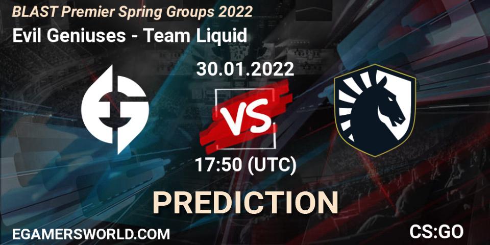 Prognose für das Spiel Evil Geniuses VS Team Liquid. 30.01.2022 at 18:20. Counter-Strike (CS2) - BLAST Premier Spring Groups 2022