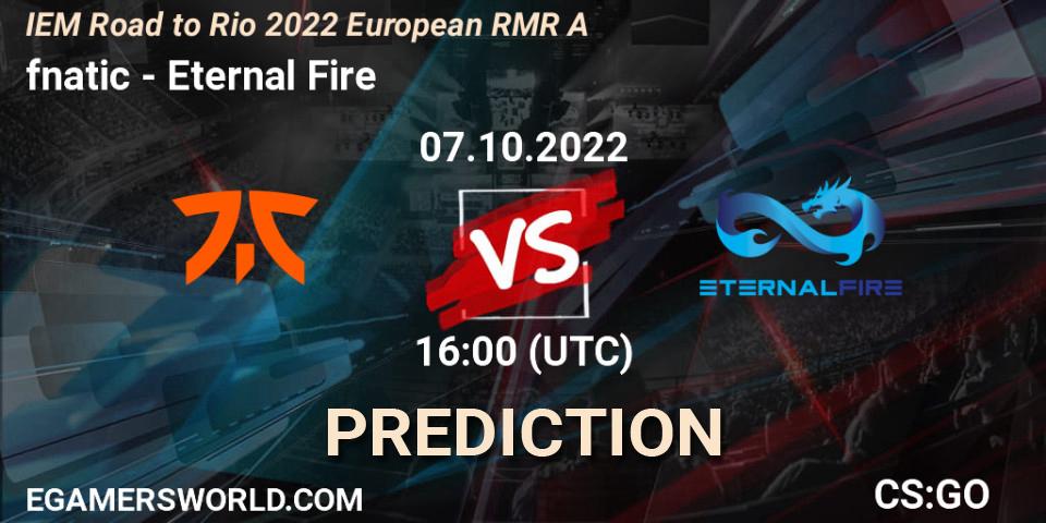 Prognose für das Spiel fnatic VS Eternal Fire. 07.10.2022 at 16:00. Counter-Strike (CS2) - IEM Road to Rio 2022 European RMR A