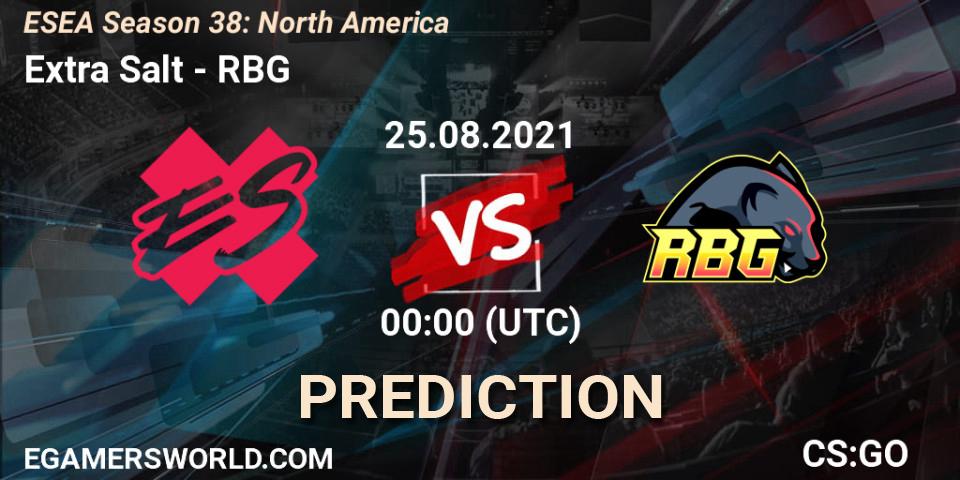 Prognose für das Spiel Extra Salt VS RBG. 03.09.2021 at 00:00. Counter-Strike (CS2) - ESEA Season 38: North America 