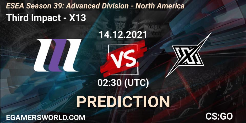Prognose für das Spiel Third Impact VS X13. 14.12.2021 at 01:00. Counter-Strike (CS2) - ESEA Season 39: Advanced Division - North America