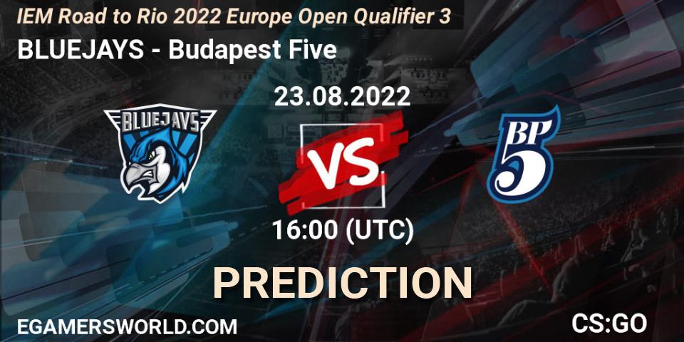 Prognose für das Spiel BLUEJAYS VS Budapest Five. 23.08.2022 at 16:05. Counter-Strike (CS2) - IEM Road to Rio 2022 Europe Open Qualifier 3