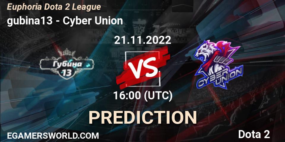 Prognose für das Spiel gubina13 VS Cyber Union. 21.11.2022 at 16:16. Dota 2 - Euphoria Dota 2 League