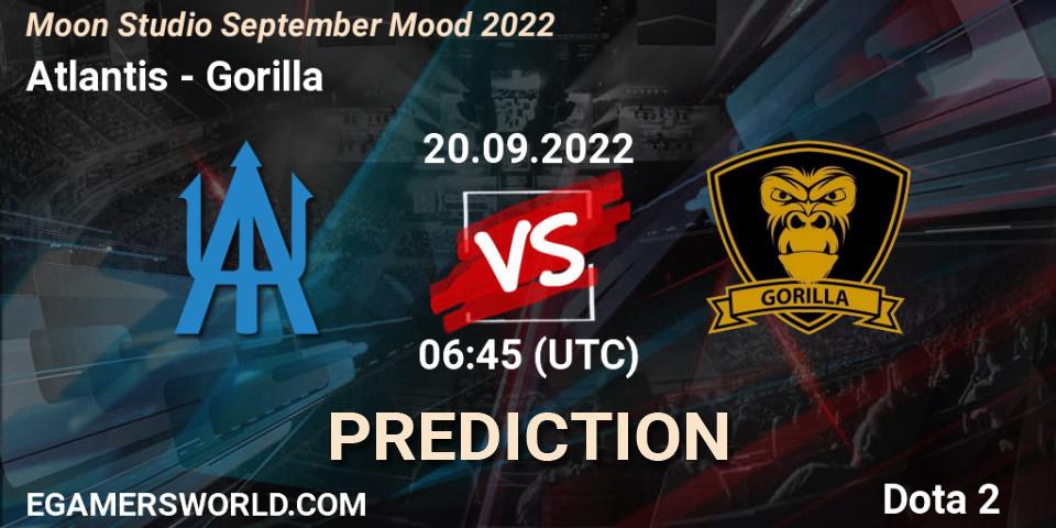 Prognose für das Spiel Atlantis VS Gorilla. 20.09.2022 at 06:45. Dota 2 - Moon Studio September Mood 2022
