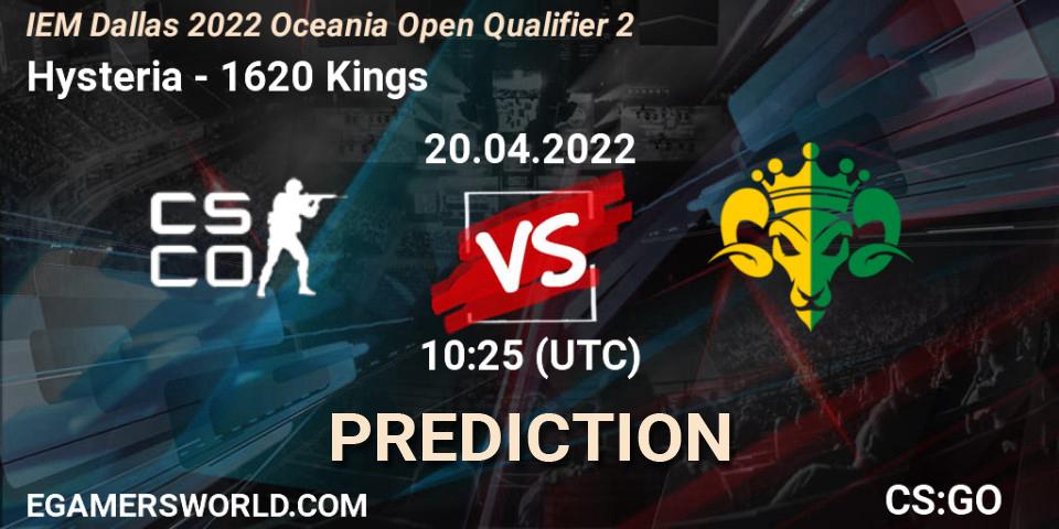 Prognose für das Spiel Hysteria VS 1620 Kings. 20.04.2022 at 10:25. Counter-Strike (CS2) - IEM Dallas 2022 Oceania Open Qualifier 2