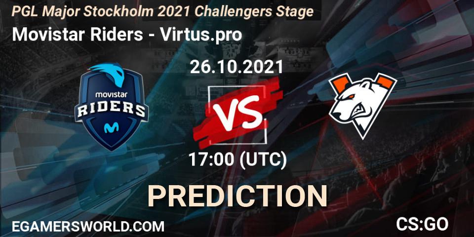 Prognose für das Spiel Movistar Riders VS Virtus.pro. 26.10.2021 at 18:25. Counter-Strike (CS2) - PGL Major Stockholm 2021 Challengers Stage