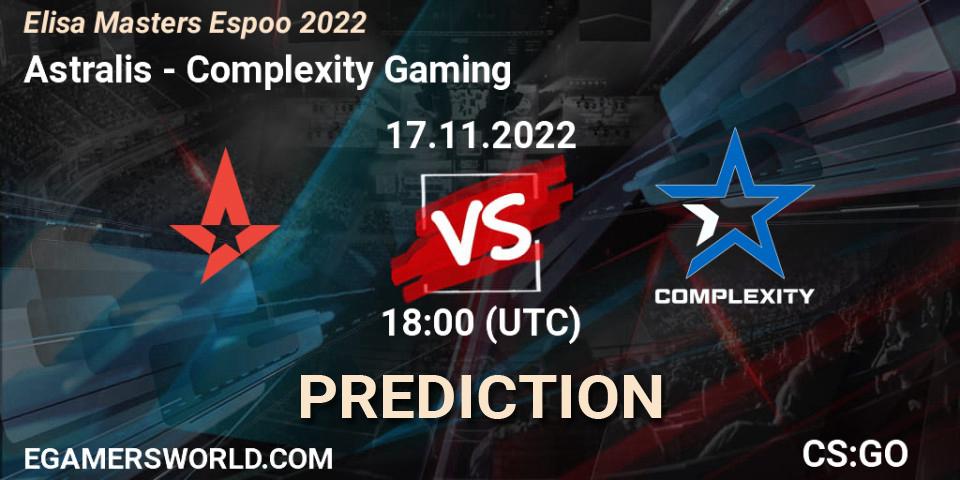 Prognose für das Spiel Astralis VS Complexity Gaming. 17.11.2022 at 19:25. Counter-Strike (CS2) - Elisa Masters Espoo 2022