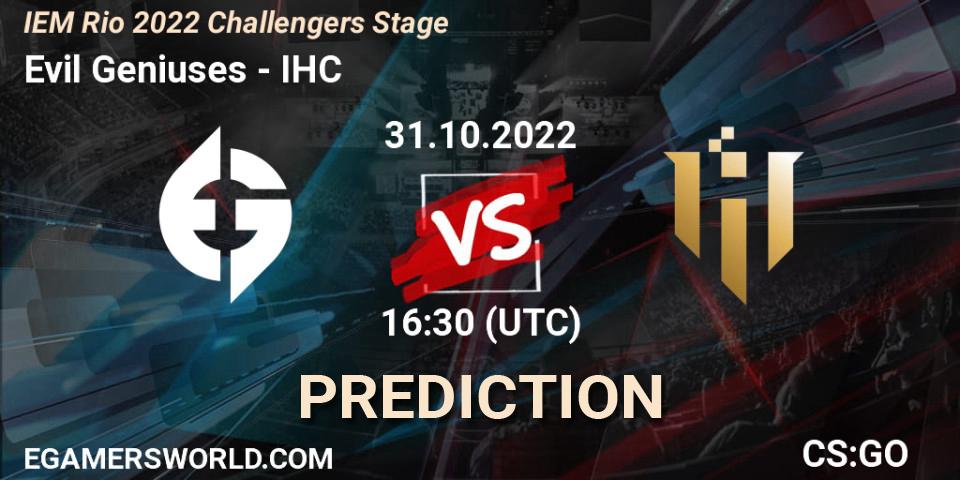 Prognose für das Spiel Evil Geniuses VS IHC. 31.10.2022 at 18:00. Counter-Strike (CS2) - IEM Rio 2022 Challengers Stage