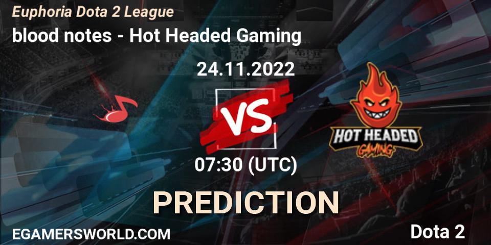 Prognose für das Spiel blood notes VS Hot Headed Gaming. 24.11.2022 at 07:30. Dota 2 - Euphoria Dota 2 League