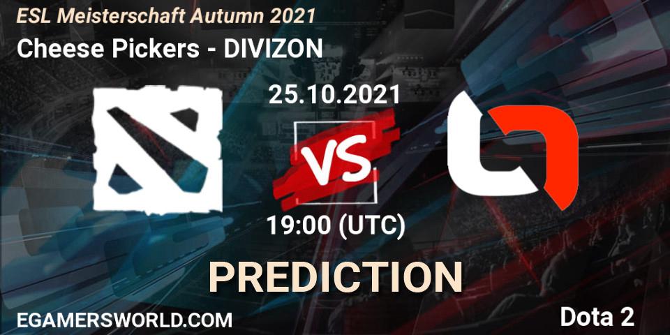 Prognose für das Spiel Cheese Pickers VS DIVIZON. 25.10.2021 at 19:10. Dota 2 - ESL Meisterschaft Autumn 2021