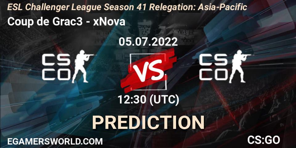 Prognose für das Spiel Coup de Grac3 VS xNova. 05.07.2022 at 12:30. Counter-Strike (CS2) - ESL Challenger League Season 41 Relegation: Asia-Pacific