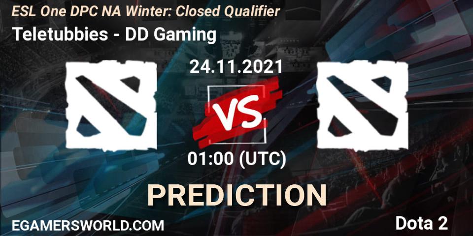 Prognose für das Spiel Teletubbies VS DD Gaming. 25.11.2021 at 01:00. Dota 2 - DPC 2022 Season 1: North America - Closed Qualifier (ESL One Winter 2021)