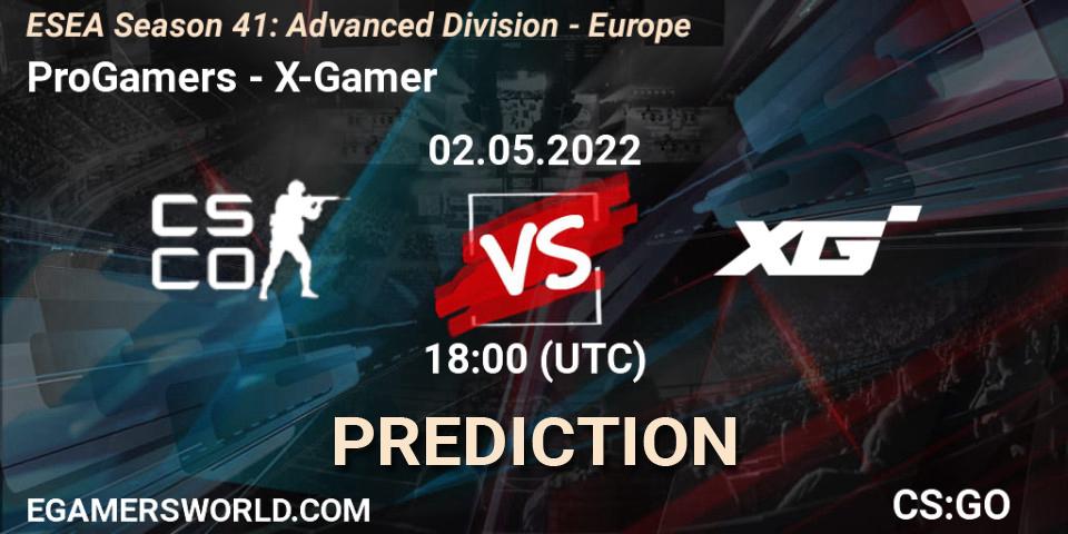 Prognose für das Spiel ProGamers VS X-Gamer. 02.05.2022 at 18:00. Counter-Strike (CS2) - ESEA Season 41: Advanced Division - Europe