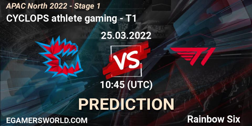 Prognose für das Spiel CYCLOPS athlete gaming VS T1. 25.03.2022 at 10:45. Rainbow Six - APAC North 2022 - Stage 1