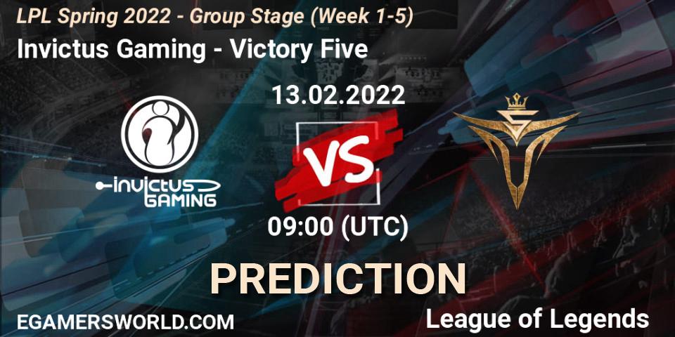 Prognose für das Spiel Invictus Gaming VS Victory Five. 13.02.2022 at 10:00. LoL - LPL Spring 2022 - Group Stage (Week 1-5)