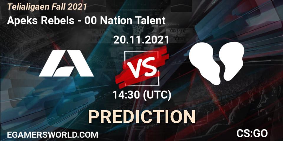 Prognose für das Spiel Apeks Rebels VS 00 Nation Talent. 20.11.2021 at 14:30. Counter-Strike (CS2) - Telialigaen Fall 2021
