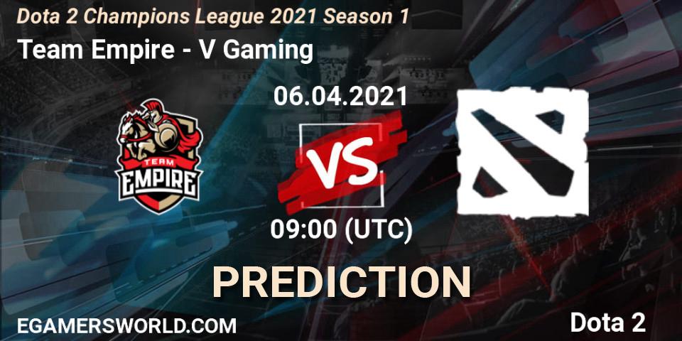 Prognose für das Spiel Team Empire VS V Gaming. 06.04.2021 at 09:00. Dota 2 - Dota 2 Champions League 2021 Season 1