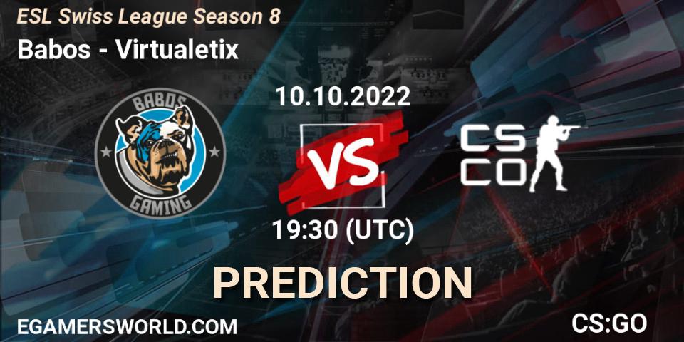 Prognose für das Spiel Babos VS Virtualetix. 10.10.2022 at 19:30. Counter-Strike (CS2) - ESL Swiss League Season 8