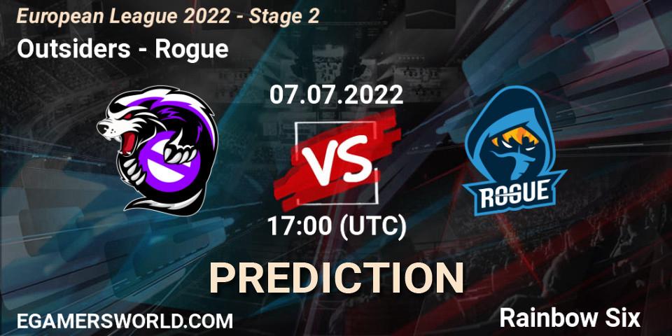 Prognose für das Spiel Outsiders VS Rogue. 07.07.2022 at 17:00. Rainbow Six - European League 2022 - Stage 2