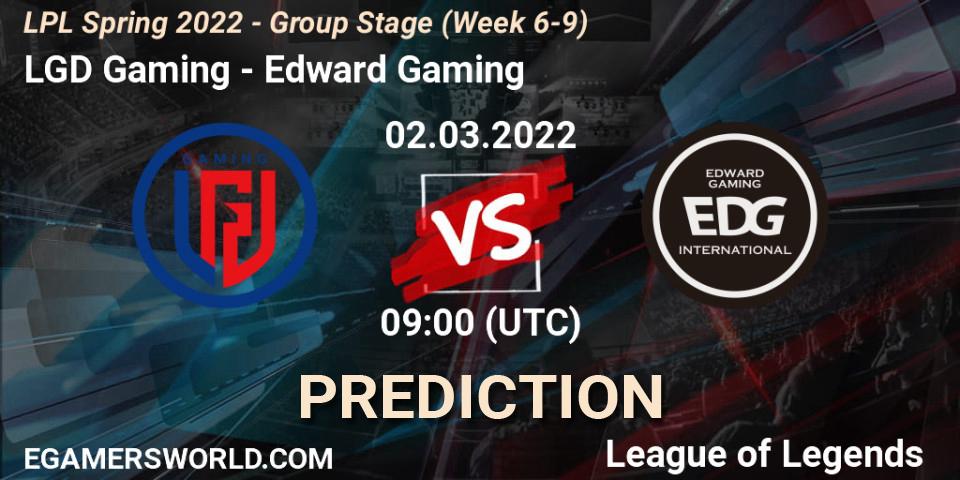 Prognose für das Spiel LGD Gaming VS Edward Gaming. 02.03.2022 at 09:00. LoL - LPL Spring 2022 - Group Stage (Week 6-9)
