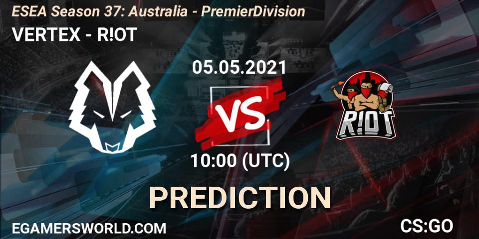 Prognose für das Spiel VERTEX VS R!OT. 13.05.2021 at 10:00. Counter-Strike (CS2) - ESEA Season 37: Australia - Premier Division