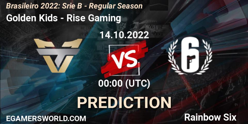 Prognose für das Spiel Golden Kids VS Rise Gaming. 14.10.2022 at 00:00. Rainbow Six - Brasileirão 2022: Série B - Regular Season