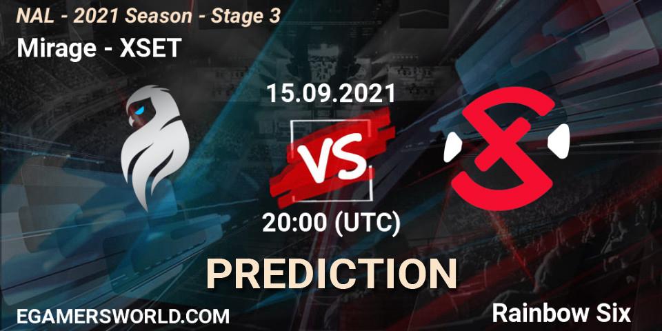 Prognose für das Spiel Mirage VS XSET. 15.09.2021 at 20:00. Rainbow Six - NAL - 2021 Season - Stage 3