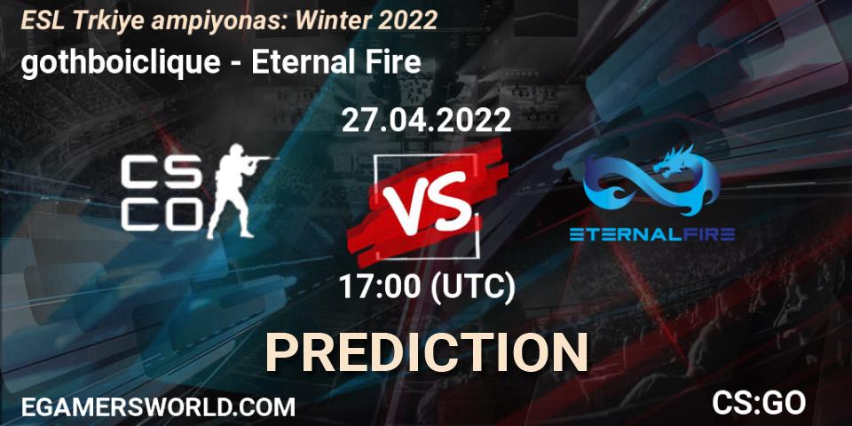 Prognose für das Spiel gothboiclique VS Eternal Fire. 27.04.2022 at 17:00. Counter-Strike (CS2) - ESL Türkiye Şampiyonası: Winter 2022