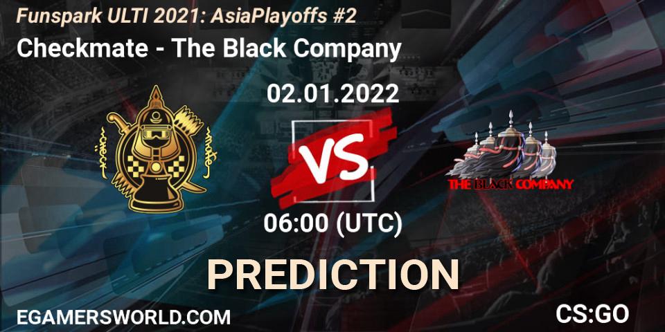 Prognose für das Spiel Checkmate VS The Black Company. 02.01.2022 at 06:00. Counter-Strike (CS2) - Funspark ULTI 2021 Asia Playoffs 2