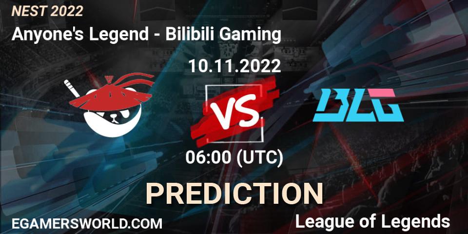 Prognose für das Spiel Anyone's Legend VS Bilibili Gaming. 10.11.2022 at 06:00. LoL - NEST 2022