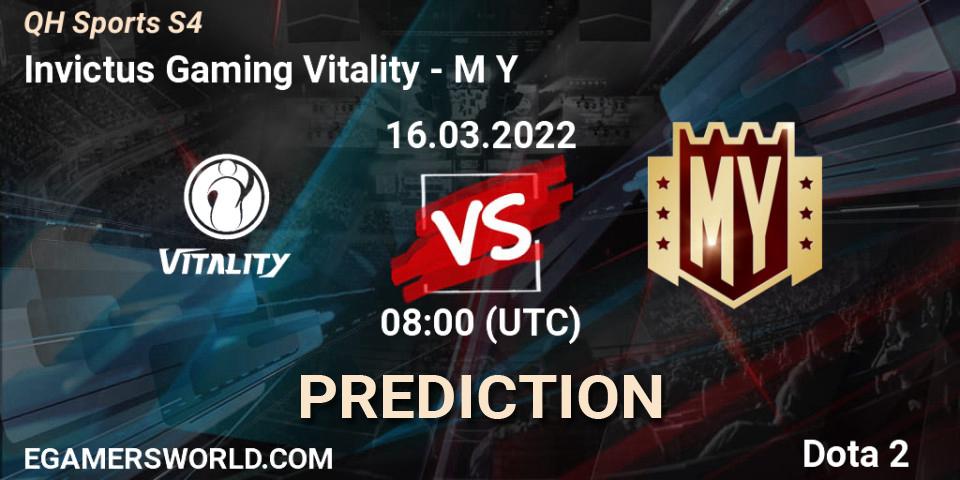 Prognose für das Spiel Invictus Gaming Vitality VS M Y. 16.03.2022 at 08:19. Dota 2 - QH Sports S4