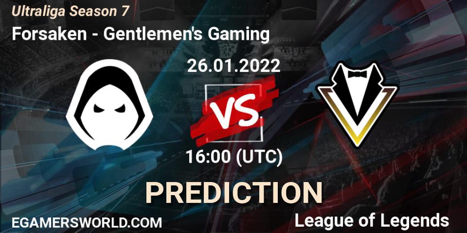 Prognose für das Spiel Forsaken VS Gentlemen's Gaming. 26.01.2022 at 16:00. LoL - Ultraliga Season 7