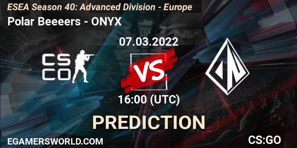 Prognose für das Spiel Polar Beeeers VS ONYX. 07.03.2022 at 16:00. Counter-Strike (CS2) - ESEA Season 40: Advanced Division - Europe
