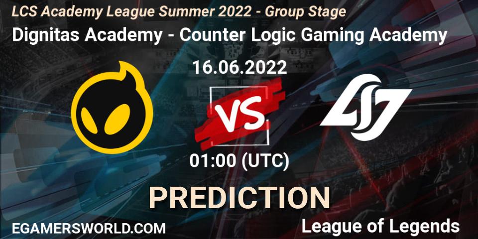 Prognose für das Spiel Dignitas Academy VS Counter Logic Gaming Academy. 16.06.2022 at 00:00. LoL - LCS Academy League Summer 2022 - Group Stage
