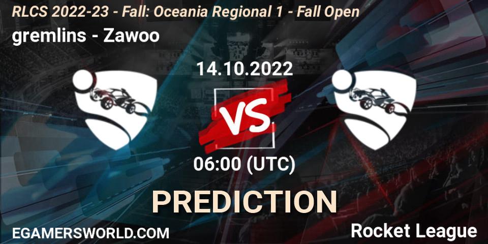 Prognose für das Spiel gremlins VS Zawoo. 14.10.2022 at 06:00. Rocket League - RLCS 2022-23 - Fall: Oceania Regional 1 - Fall Open