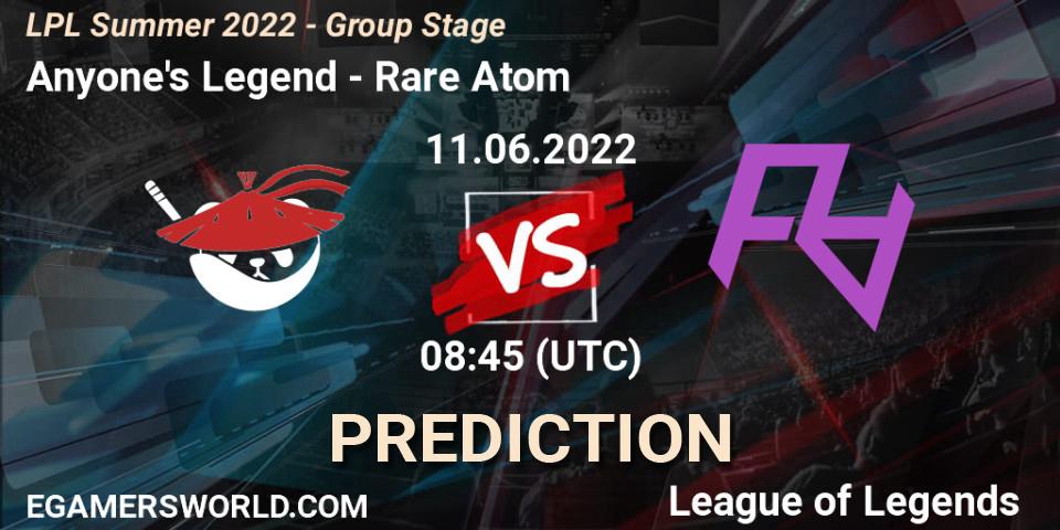 Prognose für das Spiel Anyone's Legend VS Rare Atom. 11.06.22. LoL - LPL Summer 2022 - Group Stage