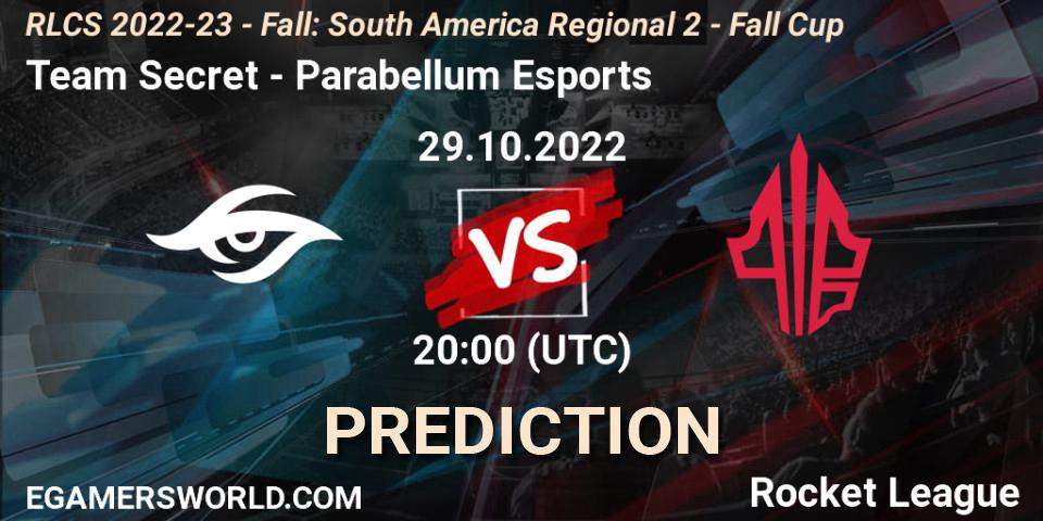 Prognose für das Spiel Team Secret VS Parabellum Esports. 29.10.2022 at 20:00. Rocket League - RLCS 2022-23 - Fall: South America Regional 2 - Fall Cup
