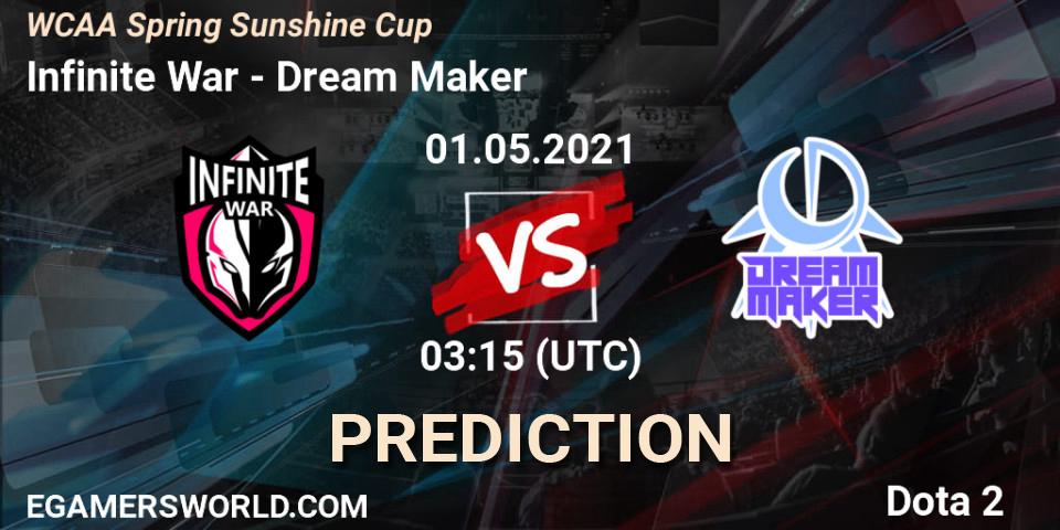 Prognose für das Spiel Infinite War VS Dream Maker. 02.05.2021 at 03:16. Dota 2 - WCAA Spring Sunshine Cup