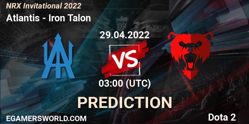 Prognose für das Spiel Atlantis VS Iron Talon. 29.04.2022 at 03:05. Dota 2 - NRX Invitational 2022