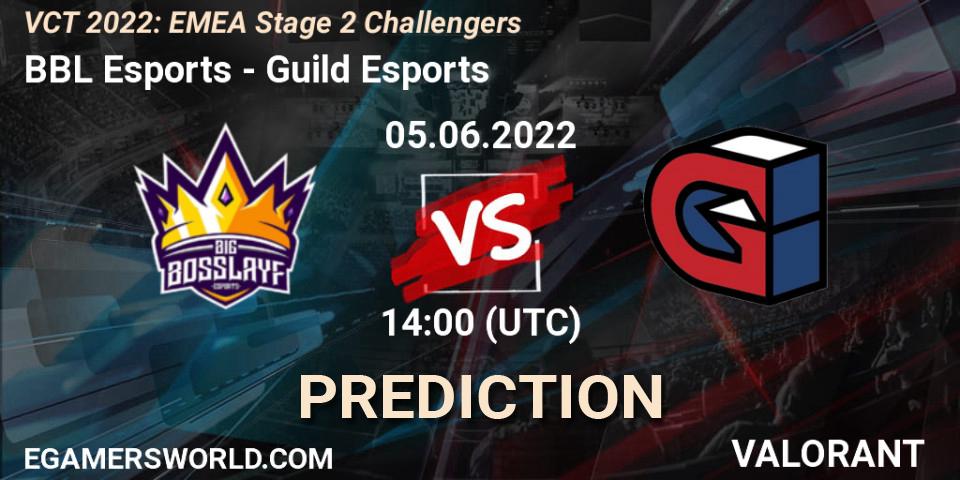 Prognose für das Spiel BBL Esports VS Guild Esports. 05.06.2022 at 14:00. VALORANT - VCT 2022: EMEA Stage 2 Challengers