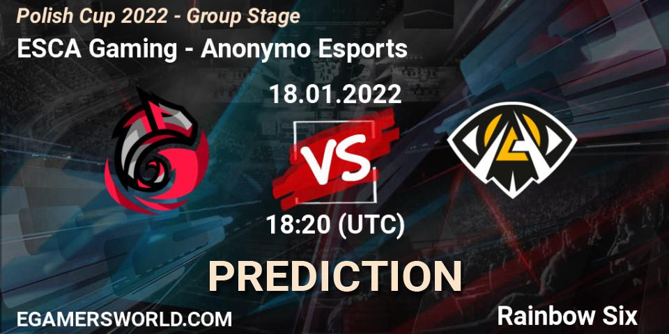 Prognose für das Spiel ESCA Gaming VS Anonymo Esports. 18.01.2022 at 18:20. Rainbow Six - Polish Cup 2022 - Group Stage
