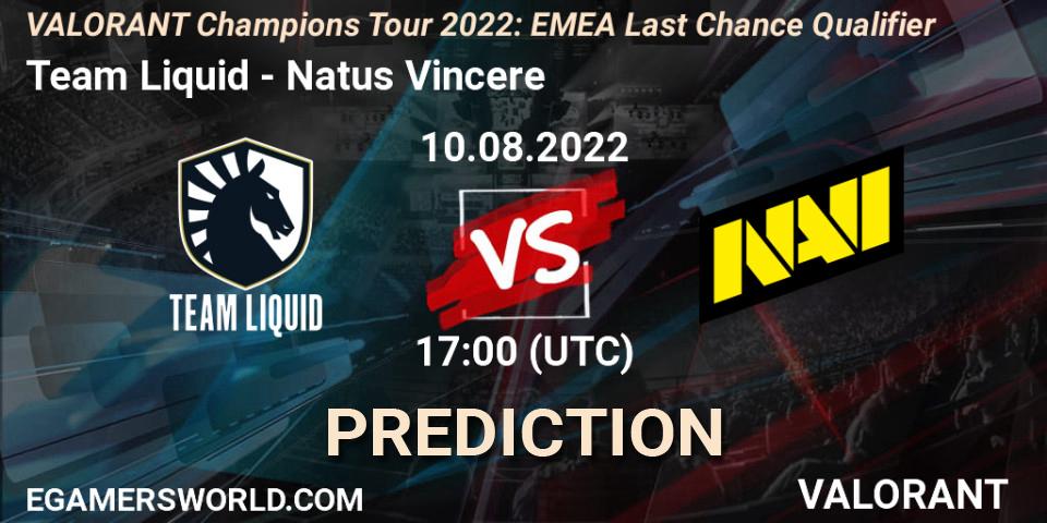 Prognose für das Spiel Team Liquid VS Natus Vincere. 10.08.2022 at 18:00. VALORANT - VCT 2022: EMEA Last Chance Qualifier