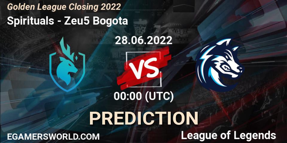 Prognose für das Spiel Spirituals VS Zeu5 Bogota. 28.06.2022 at 00:00. LoL - Golden League Closing 2022