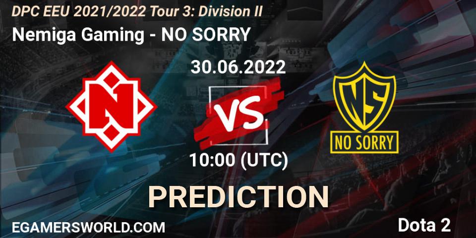 Prognose für das Spiel Nemiga Gaming VS NO SORRY. 30.06.2022 at 10:00. Dota 2 - DPC EEU 2021/2022 Tour 3: Division II