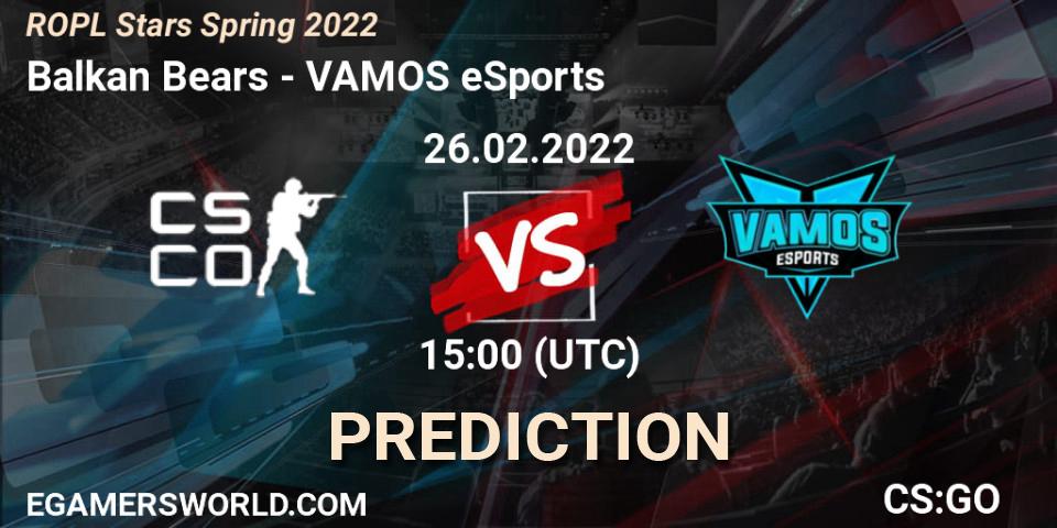 Prognose für das Spiel Balkan Bears VS VAMOS eSports. 26.02.2022 at 15:00. Counter-Strike (CS2) - ROPL Stars Spring 2022